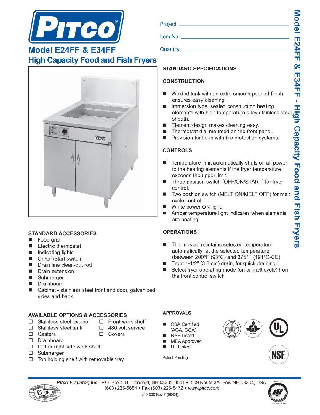 Pitco Frialator specifications Model E24FF & E34FF, Fryers 