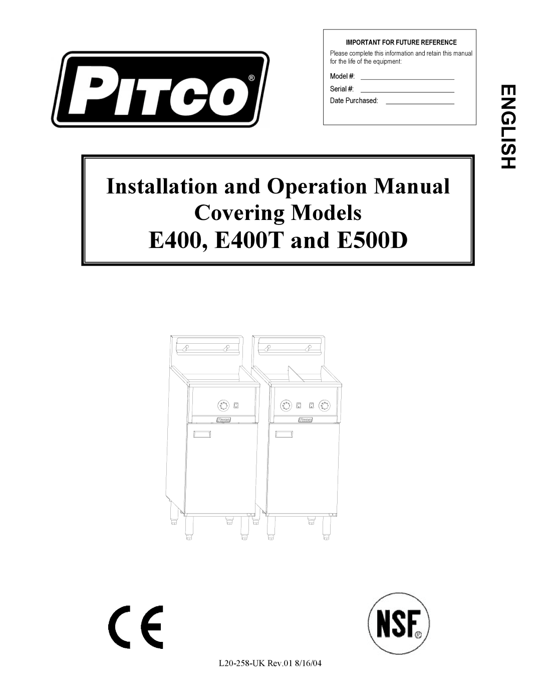 Pitco Frialator operation manual E400, E400T and E500D 