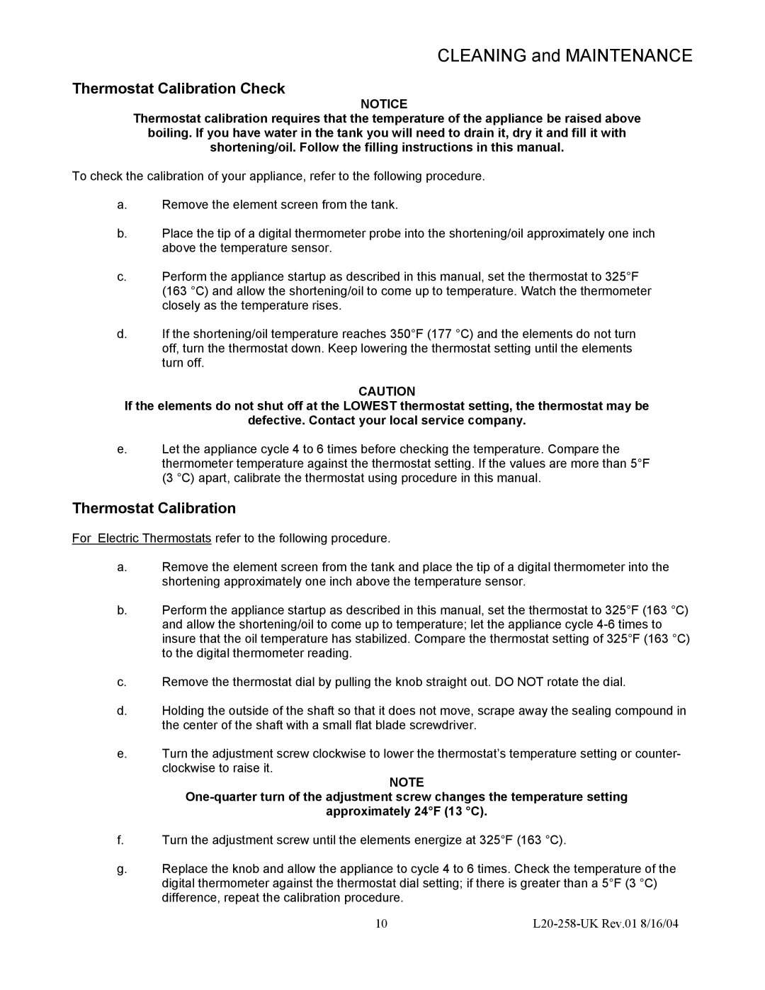 Pitco Frialator E400T, E500D operation manual Thermostat Calibration Check 