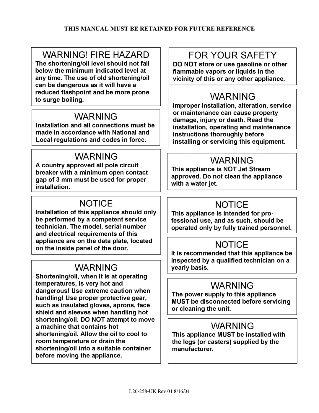 Pitco Frialator E500D, E400T operation manual For Your Safety 