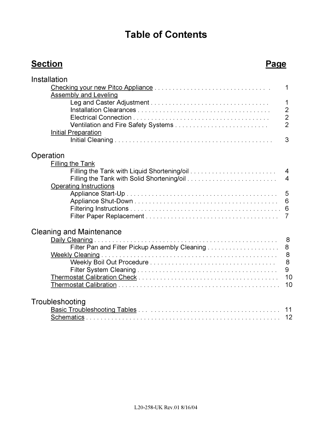 Pitco Frialator E400T, E500D operation manual Table of Contents 