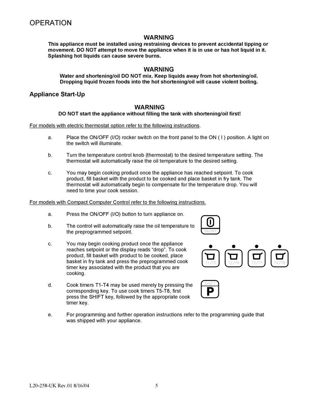 Pitco Frialator E500D, E400T operation manual Appliance Start-Up 