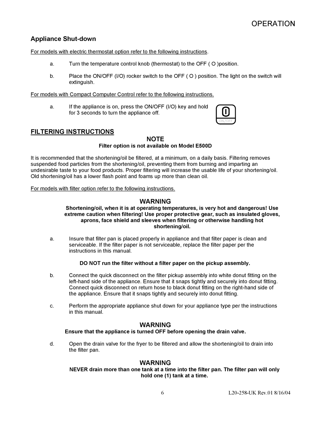 Pitco Frialator E400T, E500D operation manual Appliance Shut-down, Filtering Instructions 