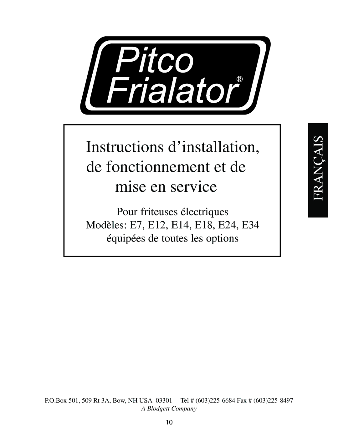 Pitco Frialator E18, E7, E14, E12 manual Français 