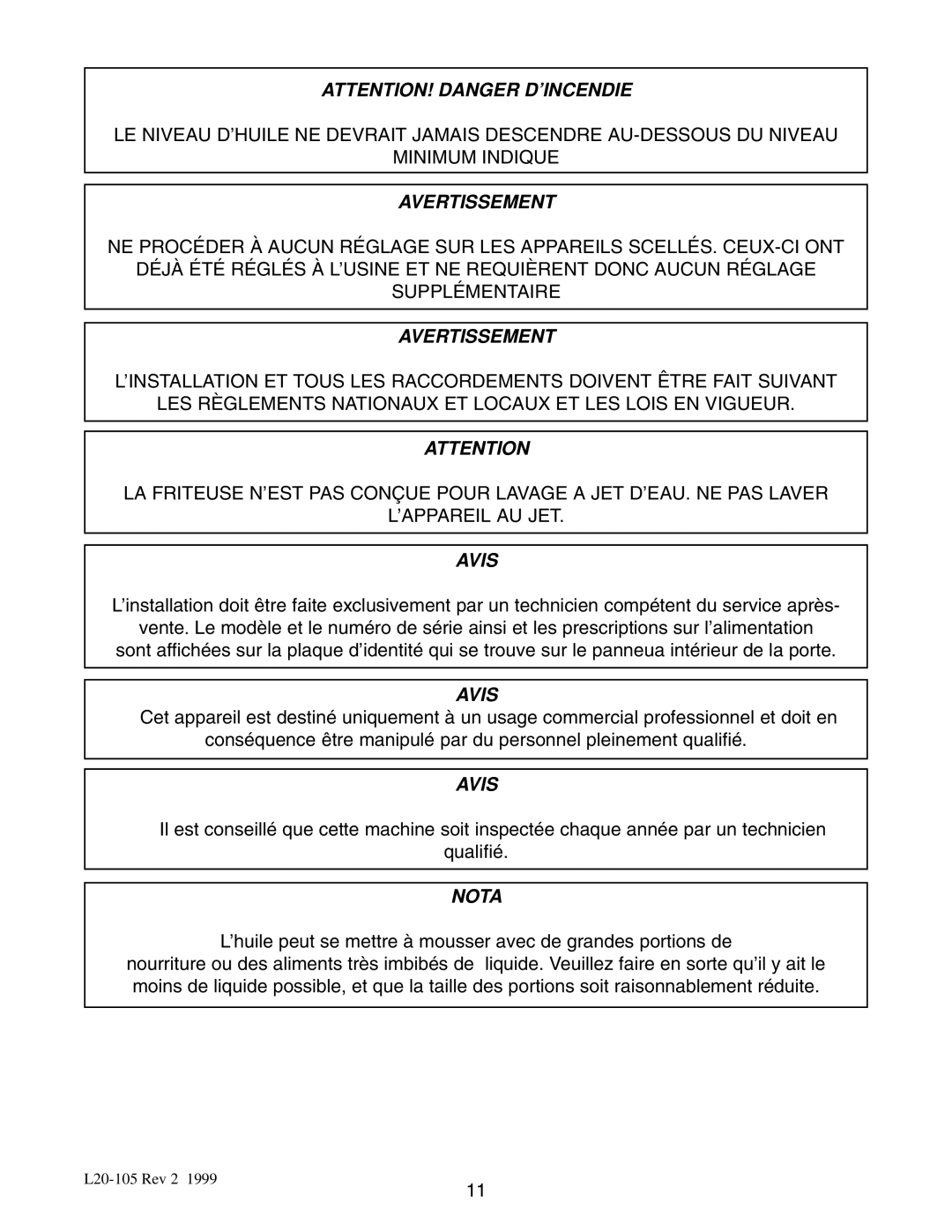 Pitco Frialator E14, E7, E18, E12 manual Avertissement 