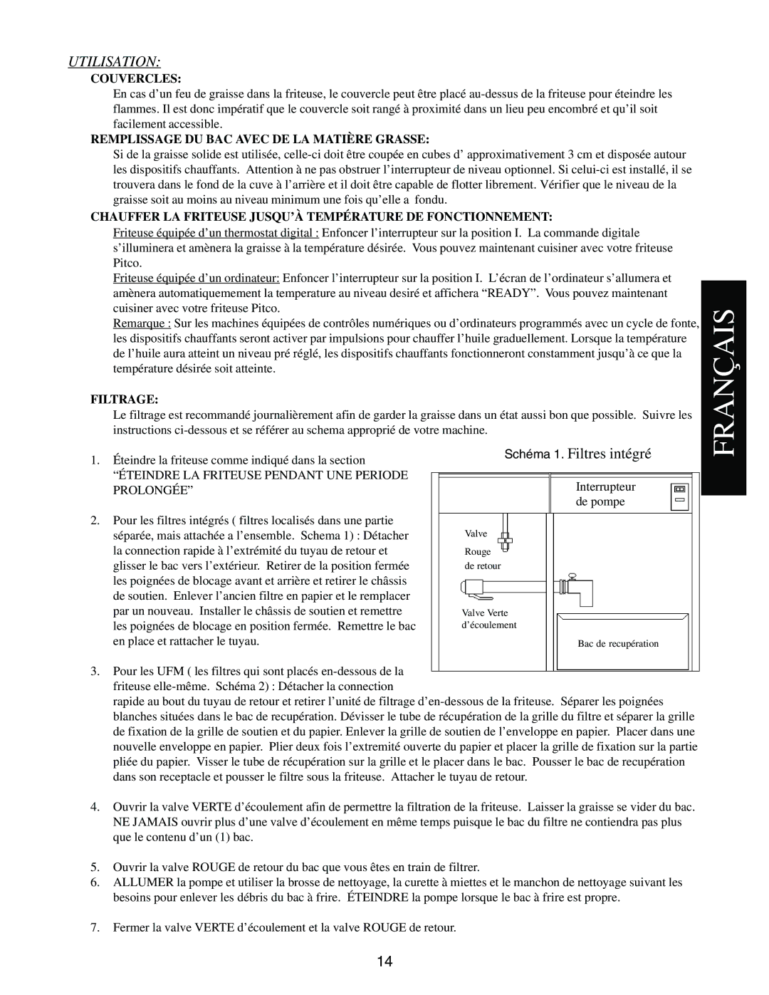 Pitco Frialator E18, E7, E14, E12 manual Couvercles, Remplissage DU BAC Avec DE LA Matière Grasse, Filtrage 