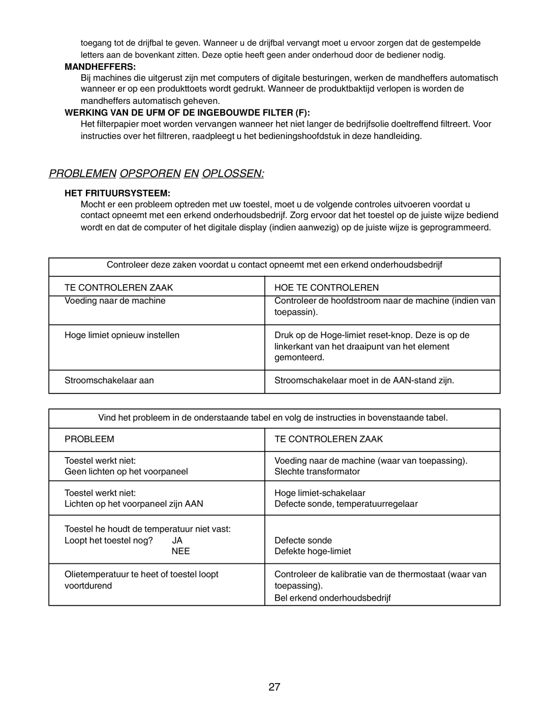 Pitco Frialator E14, E7, E18, E12 manual Problemen Opsporen EN Oplossen 