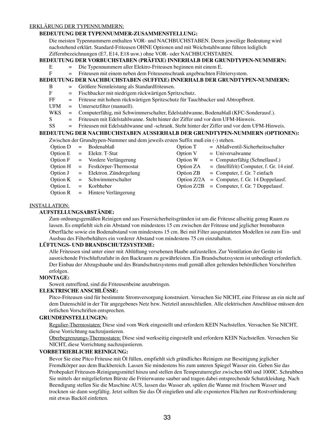 Pitco Frialator E7, E18 Bedeutung DER TYPENNUMMER-ZUSAMMENSTELLUNG, Aufstellungsabstände, LÜFTUNGS- UND Brandschutzsysteme 