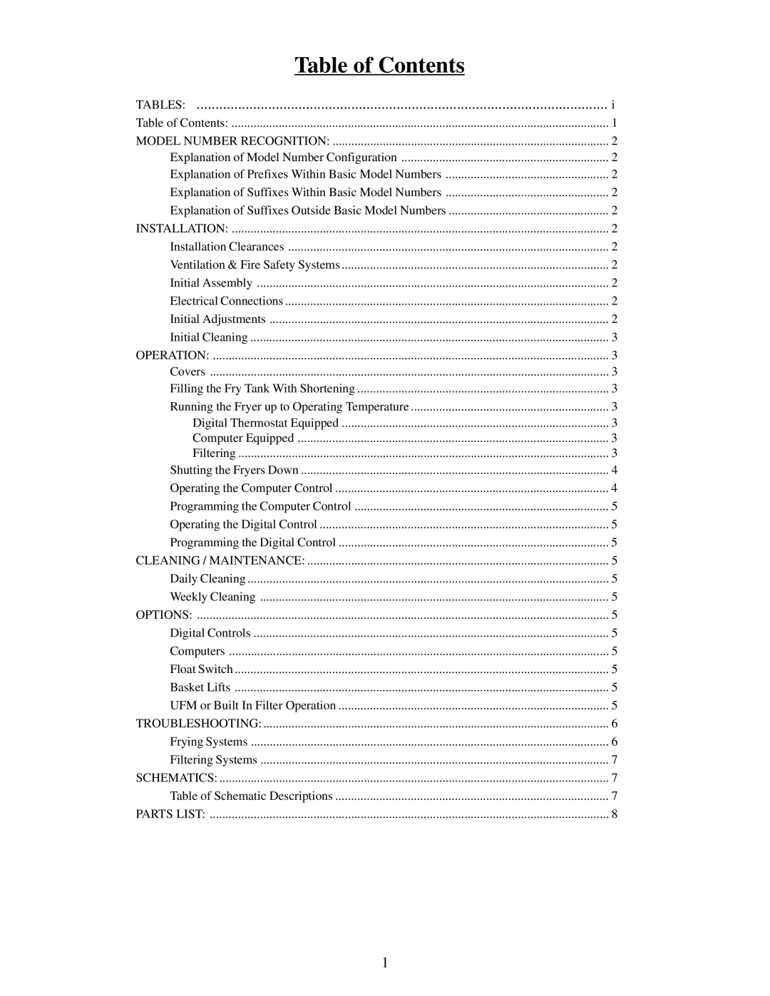 Pitco Frialator E7, E18, E14, E12 manual Table of Contents 