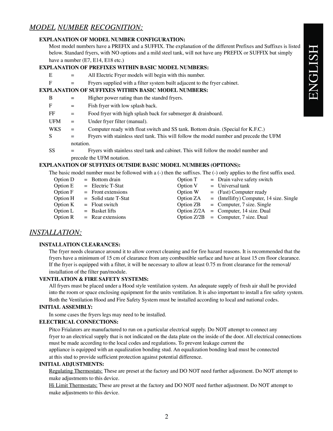 Pitco Frialator E18, E7, E14 Explanation of Model Number Configuration, Explanation of Prefixes Within Basic Model Numbers 