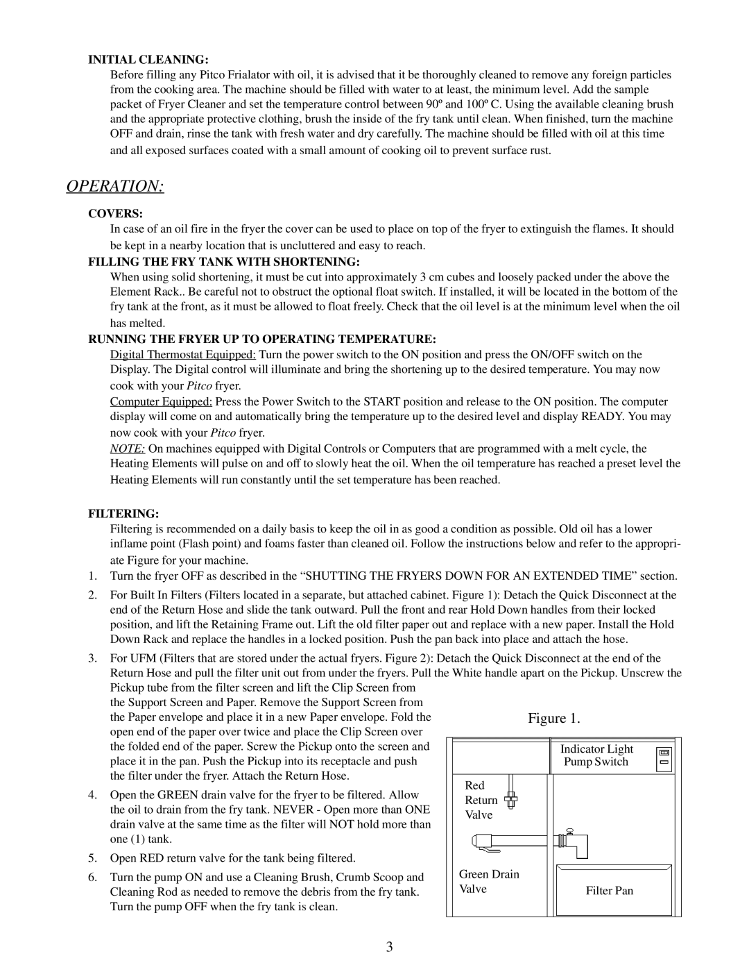 Pitco Frialator E14, E7, E18, E12 manual Initial Cleaning, Covers, Filling the FRY Tank with Shortening, Filtering 