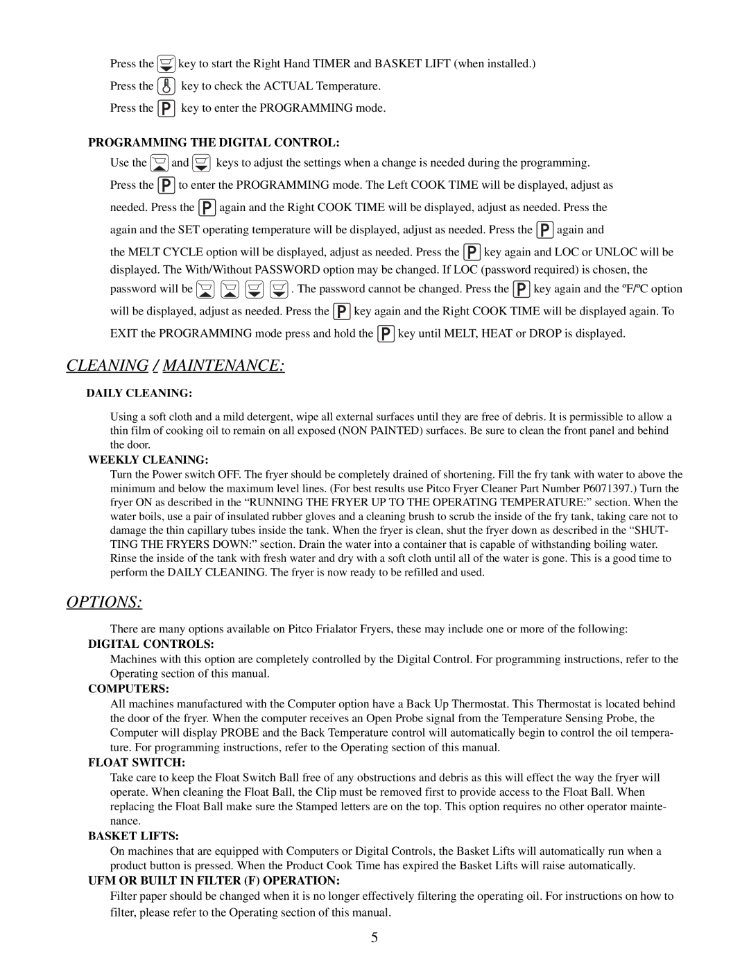 Pitco Frialator E7, E18, E14 Programming the Digital Control, Daily Cleaning, Weekly Cleaning, Digital Controls, Computers 