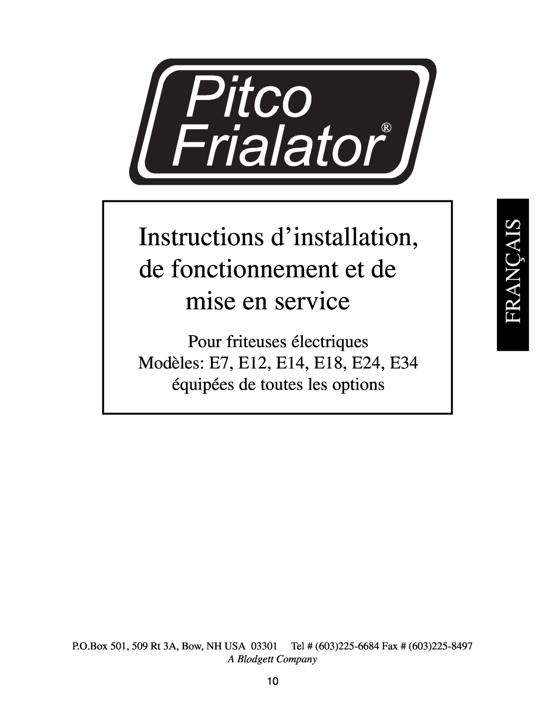 Pitco Frialator manual Français, Pour friteuses électriques, Modèles E7, E12, E14, E18, E24, E34, A Blodgett Company 