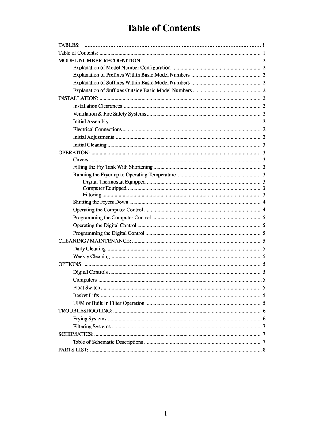 Pitco Frialator E7, E18, E14, E12 manual Table of Contents, Tables 