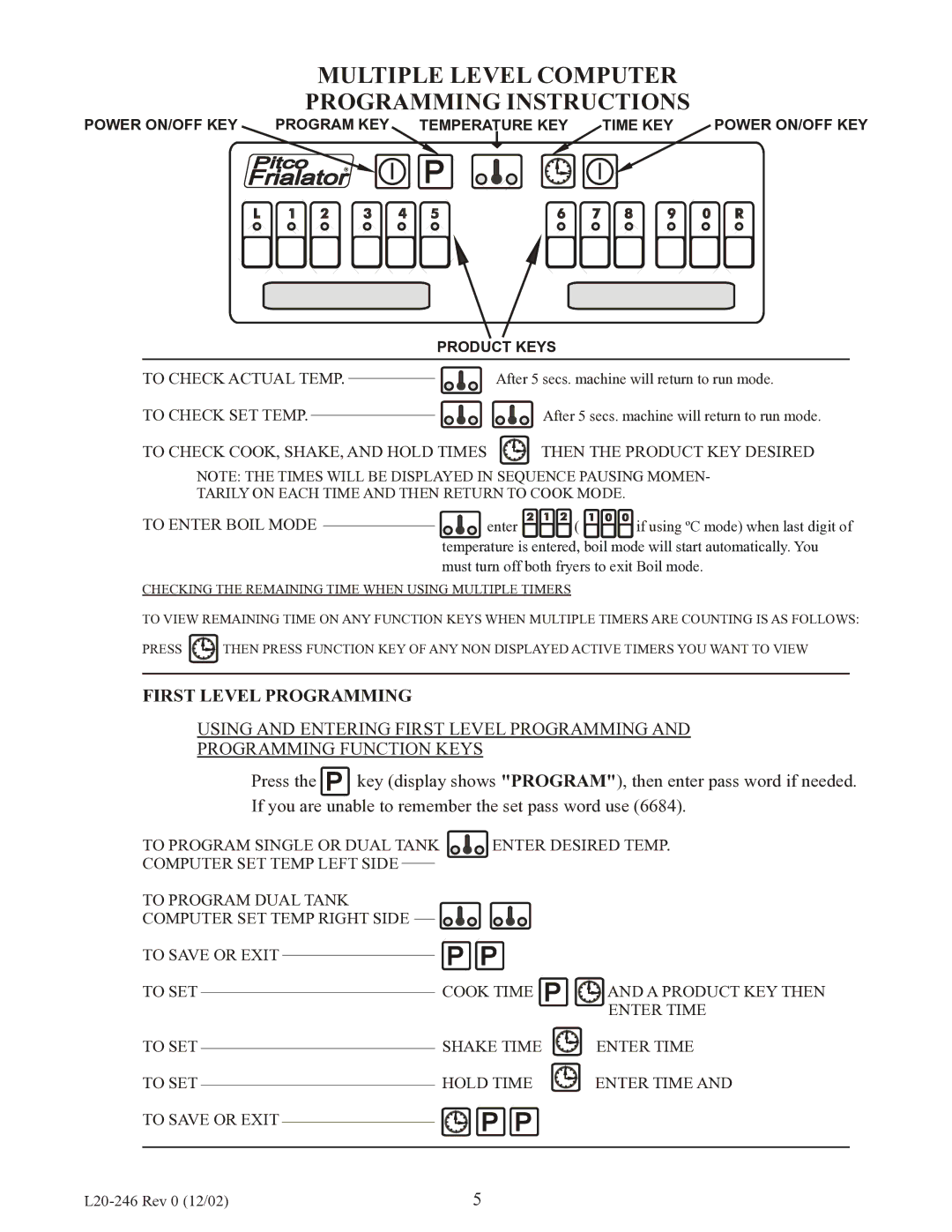 Pitco Frialator SEH, Electric Fryer manual Multiple Level Computer Programming Instructions 