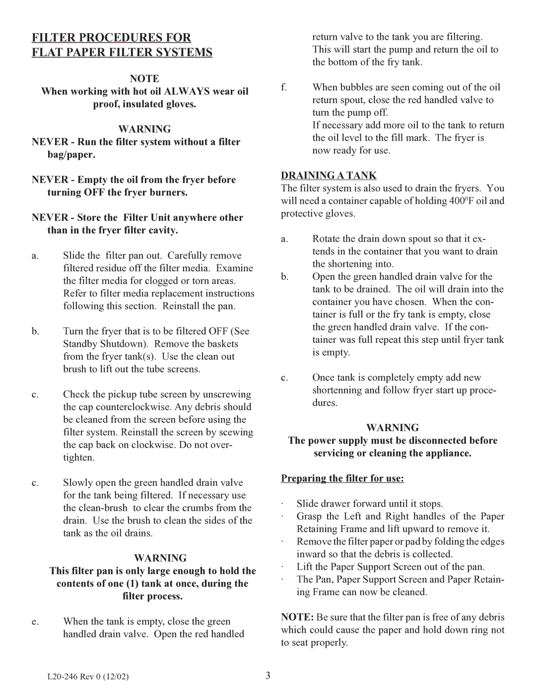 Pitco Frialator Electric Fryer, SEH manual Filter Procedures for Flat Paper Filter Systems, Draining a Tank 