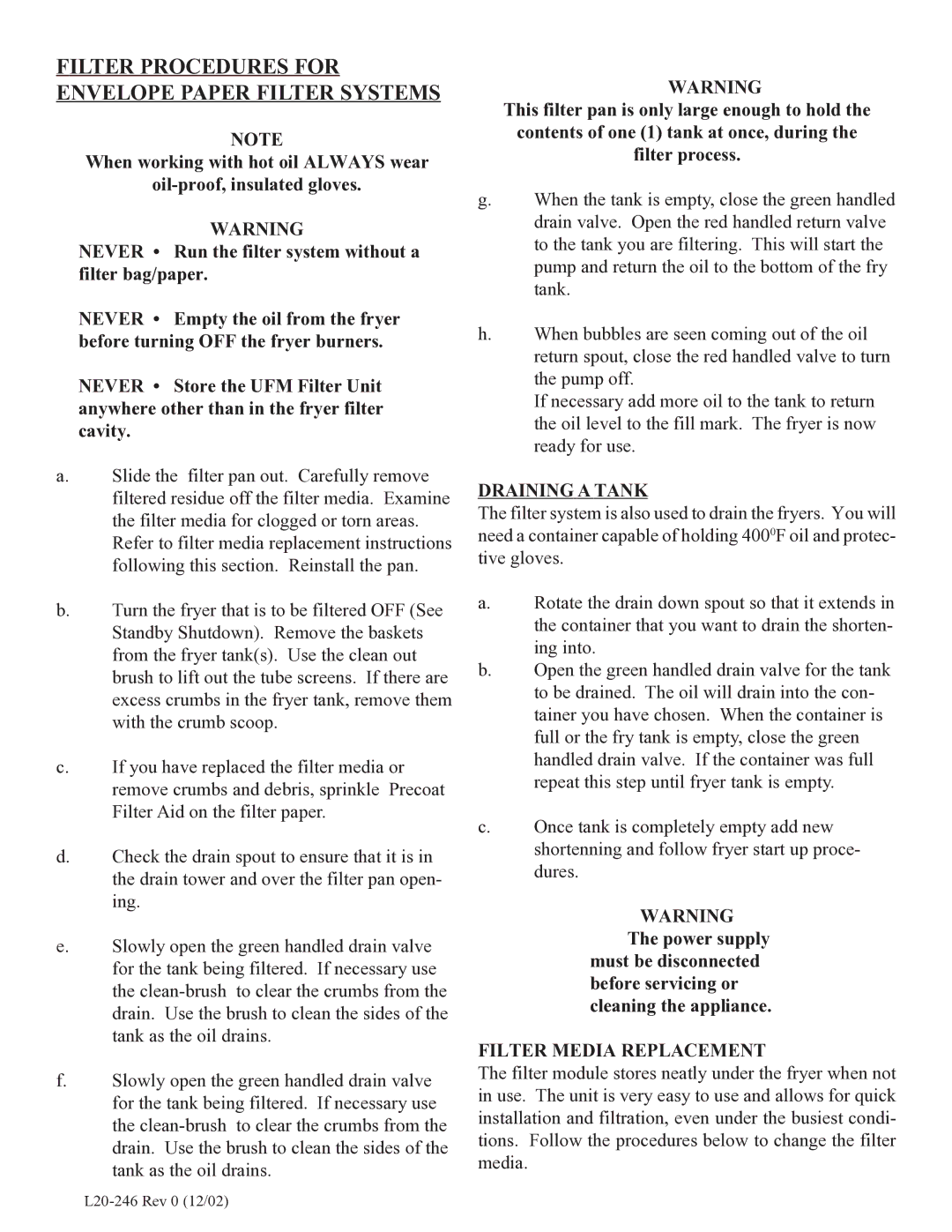 Pitco Frialator Electric Fryer, SEH manual Filter Procedures for Envelope Paper Filter Systems, Filter Media Replacement 