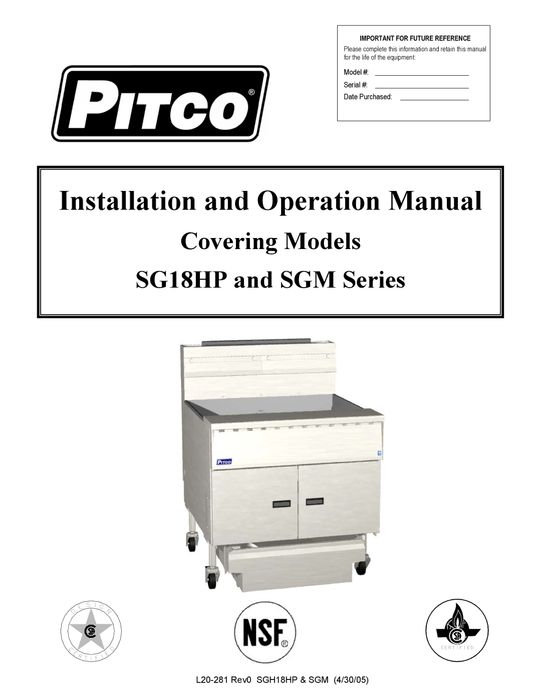 Pitco Frialator L20-281 manual Covering Models SG18HP and SGM Series 