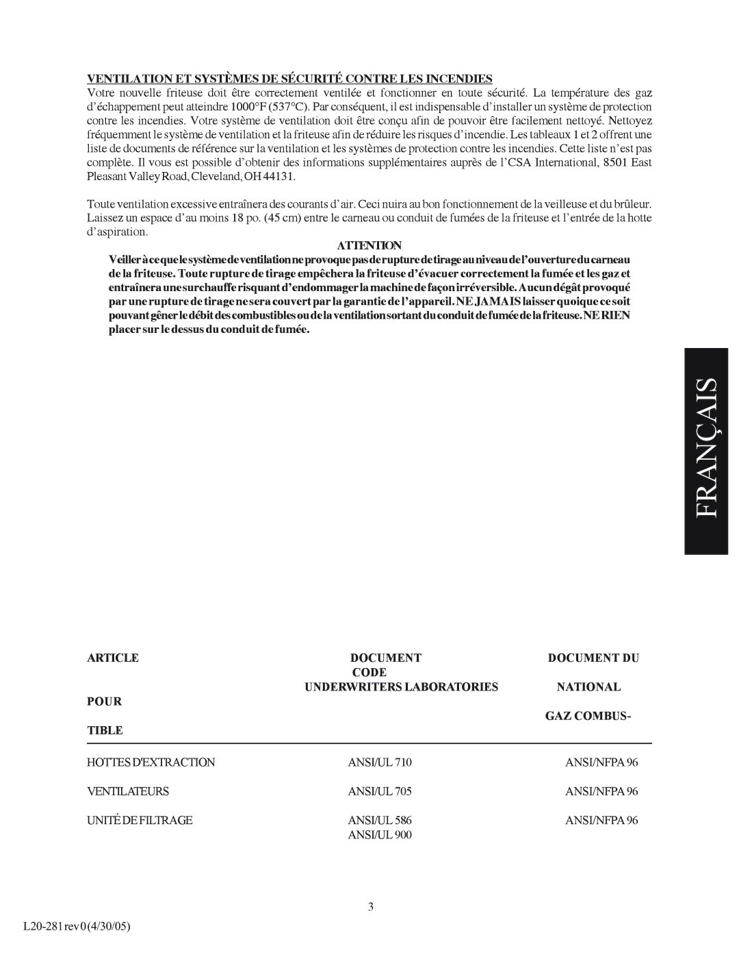 Pitco Frialator L20-281 manual Ventilation ET Systèmes DE Sécurité Contre LES Incendies 