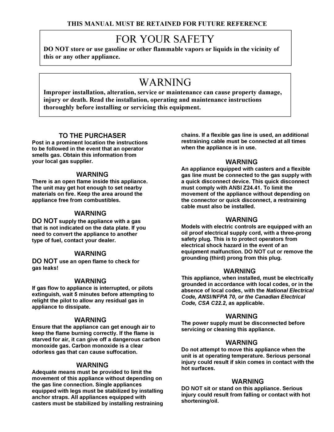 Pitco Frialator L20-281 manual For Your Safety 