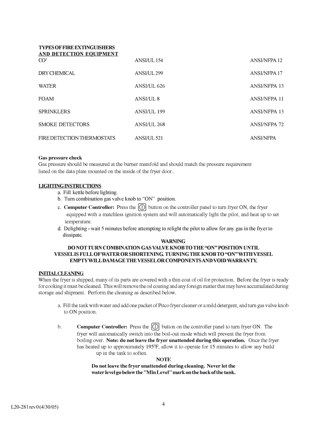 Pitco Frialator L20-281 manual Typesoffireextinguishers Detection Equipment, Gas pressure check, Lightinginstructions 