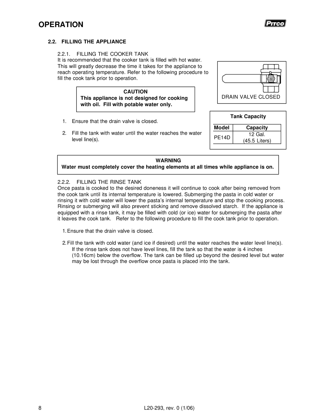 Pitco Frialator L20-293 operation manual Filling the Appliance, Tank Capacity, Model Capacity, PE14D 