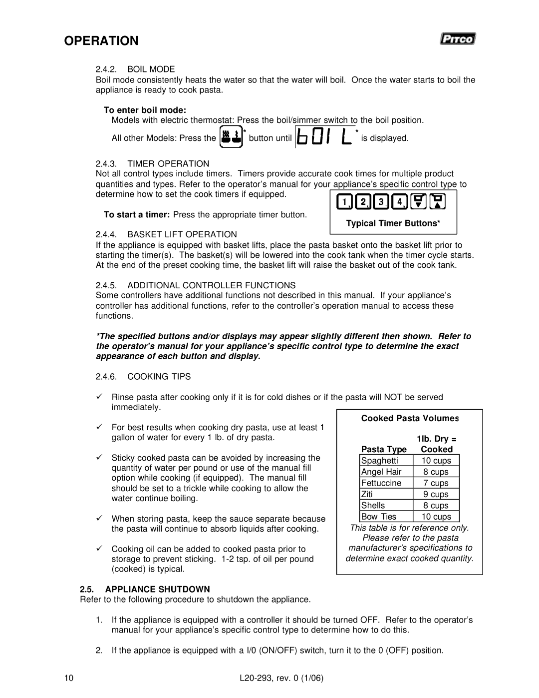 Pitco Frialator L20-293 operation manual Appliance Shutdown 