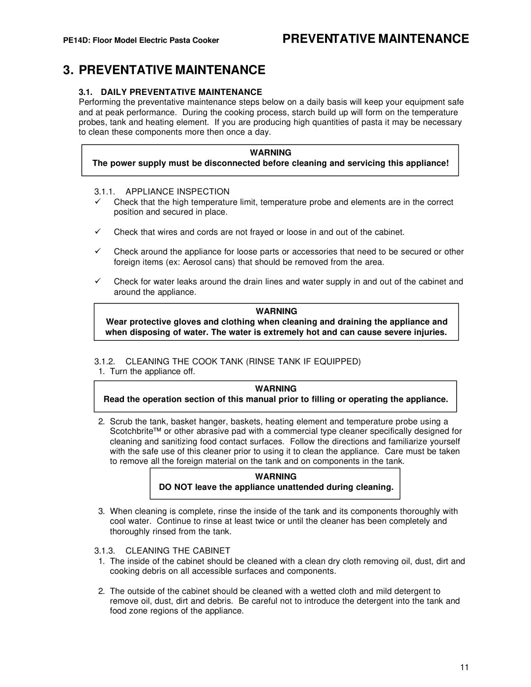 Pitco Frialator L20-293 operation manual Daily Preventative Maintenance, Appliance Inspection 