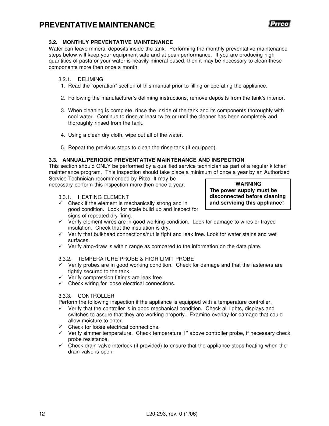 Pitco Frialator L20-293 operation manual Heating Element, Temperature Probe & High Limit Probe 