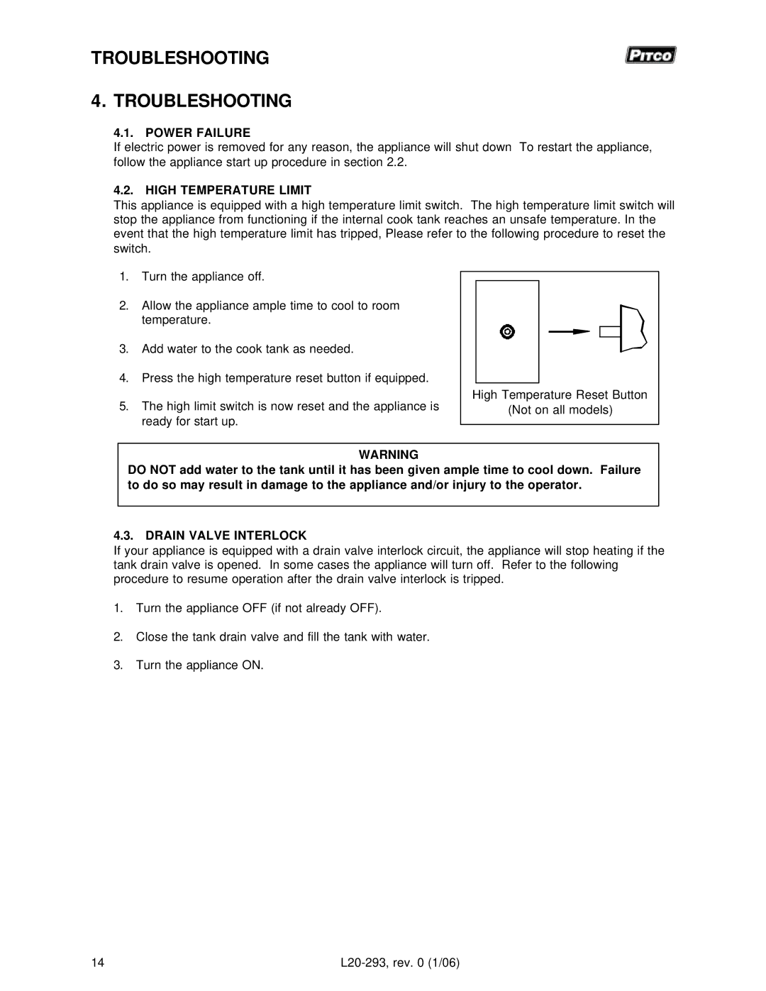 Pitco Frialator L20-293 operation manual Power Failure, Drain Valve Interlock 