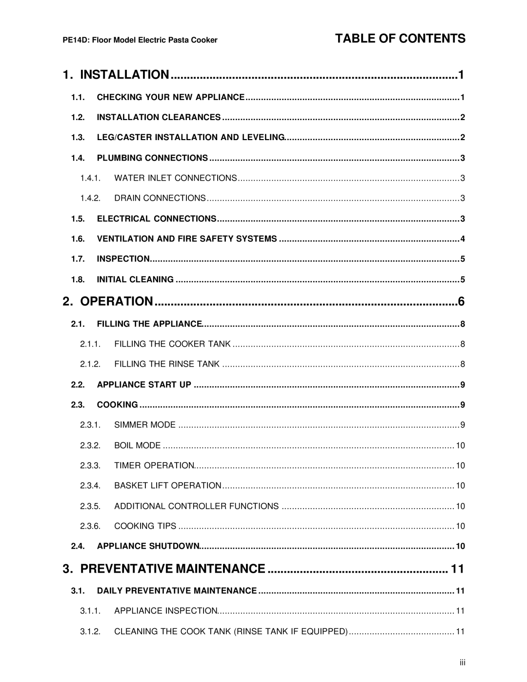 Pitco Frialator L20-293 operation manual Table of Contents 