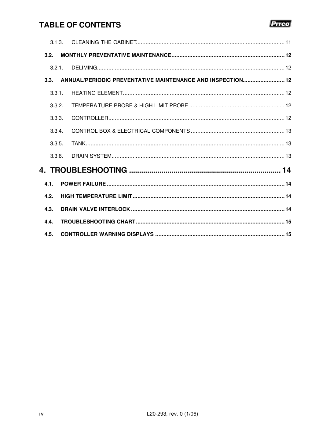 Pitco Frialator L20-293 operation manual Table of Contents, Troubleshooting 