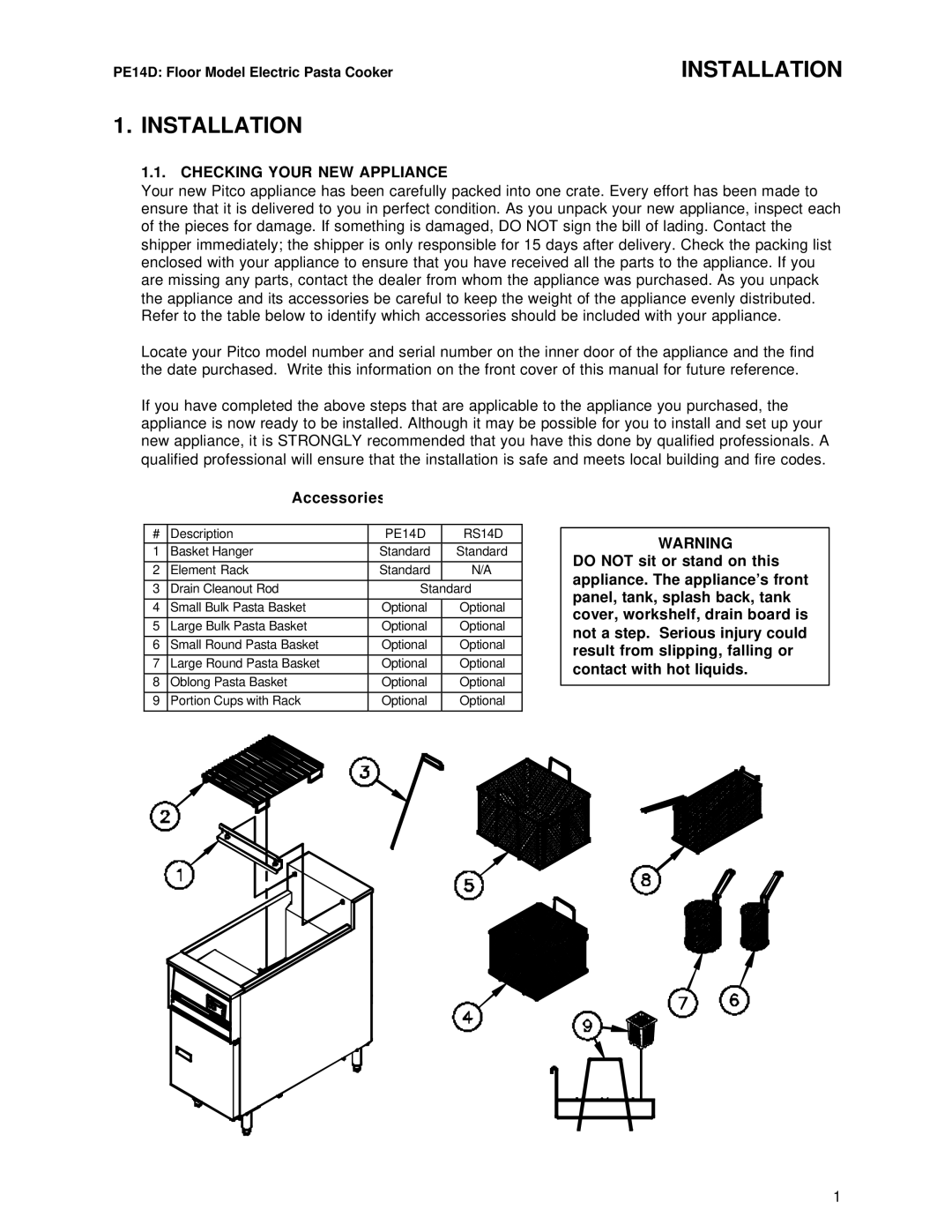 Pitco Frialator L20-293 operation manual Installation, Checking Your NEW Appliance, Accessories 