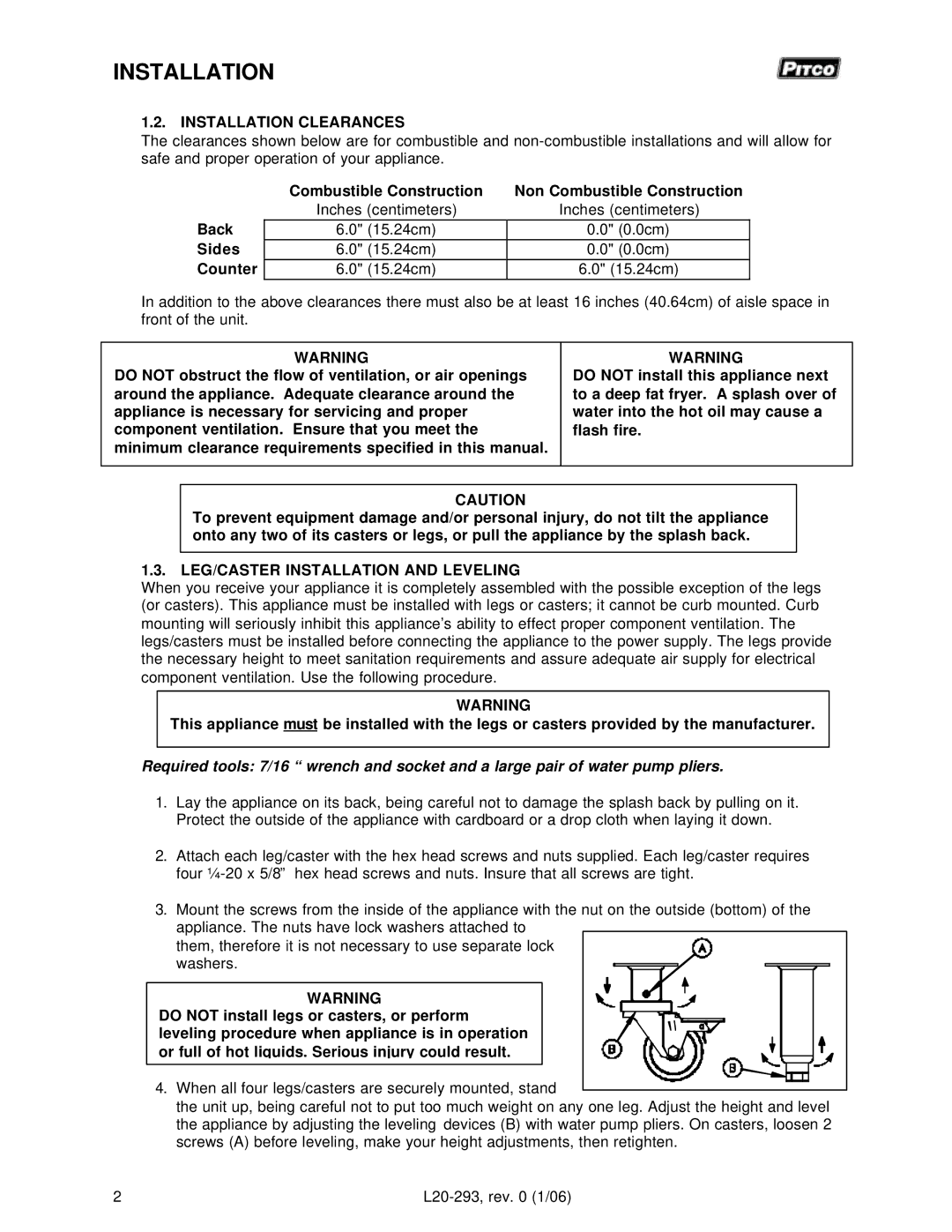 Pitco Frialator L20-293 operation manual Installation Clearances, LEG/CASTER Installation and Leveling 