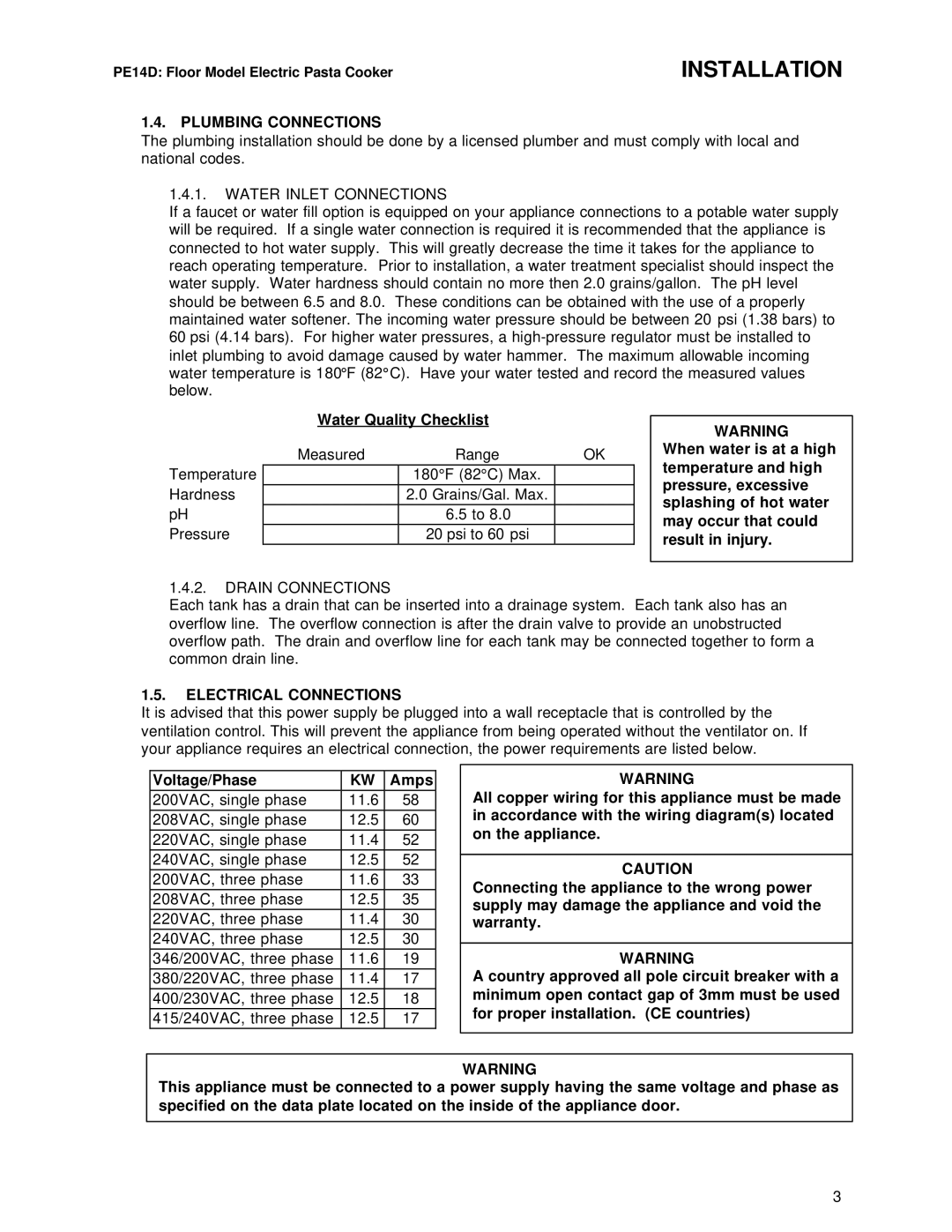 Pitco Frialator L20-293 Plumbing Connections, Water Quality Checklist, Electrical Connections, Voltage/Phase Amps 