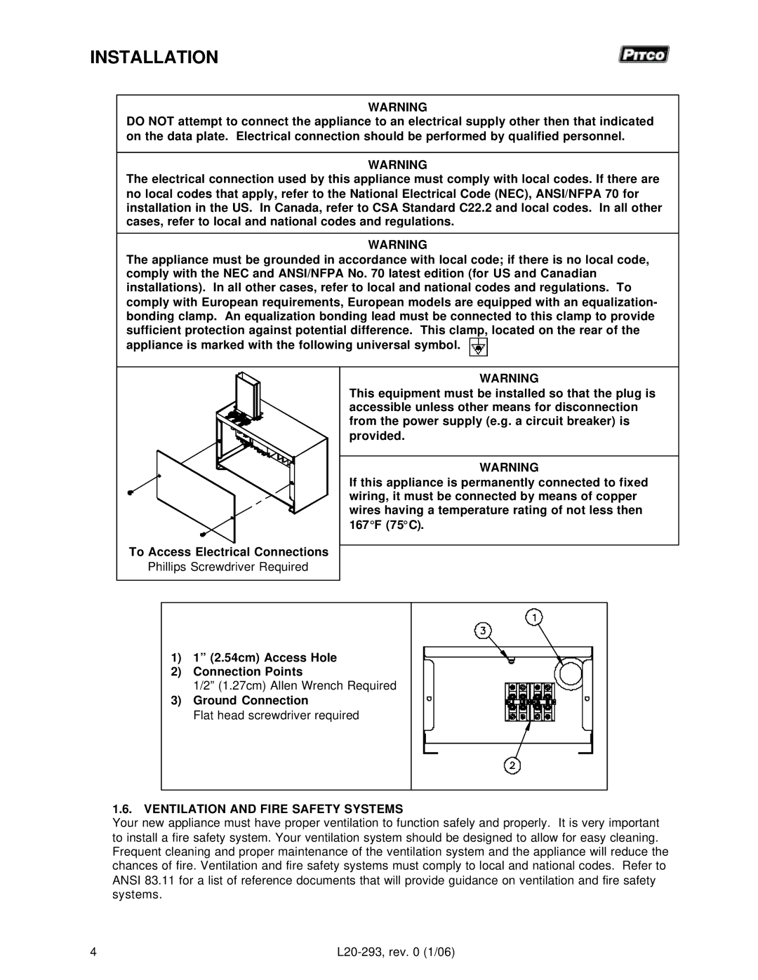 Pitco Frialator L20-293 operation manual Ground Connection, Ventilation and Fire Safety Systems 