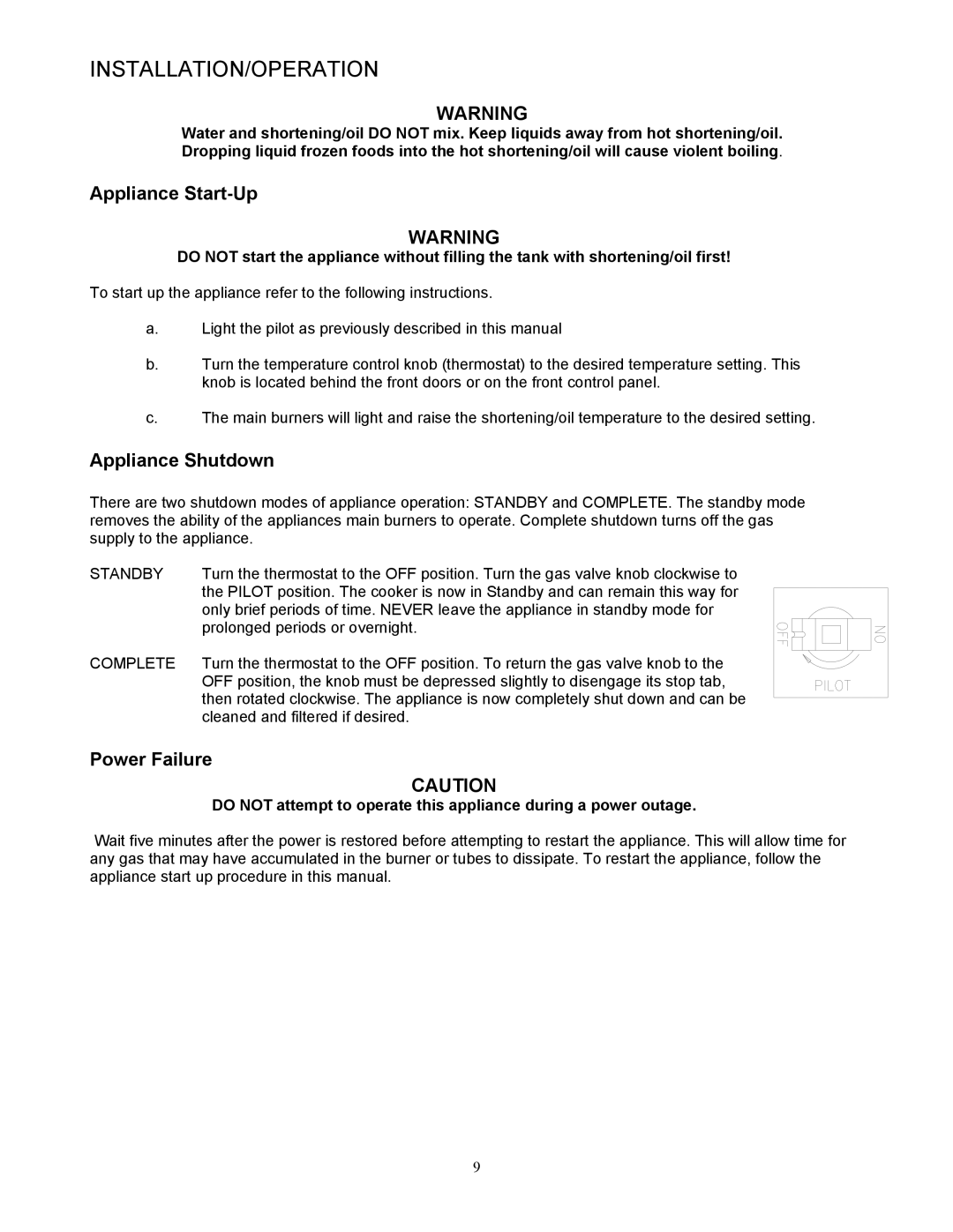 Pitco Frialator L20-299 operation manual Appliance Start-Up, Appliance Shutdown, Power Failure 