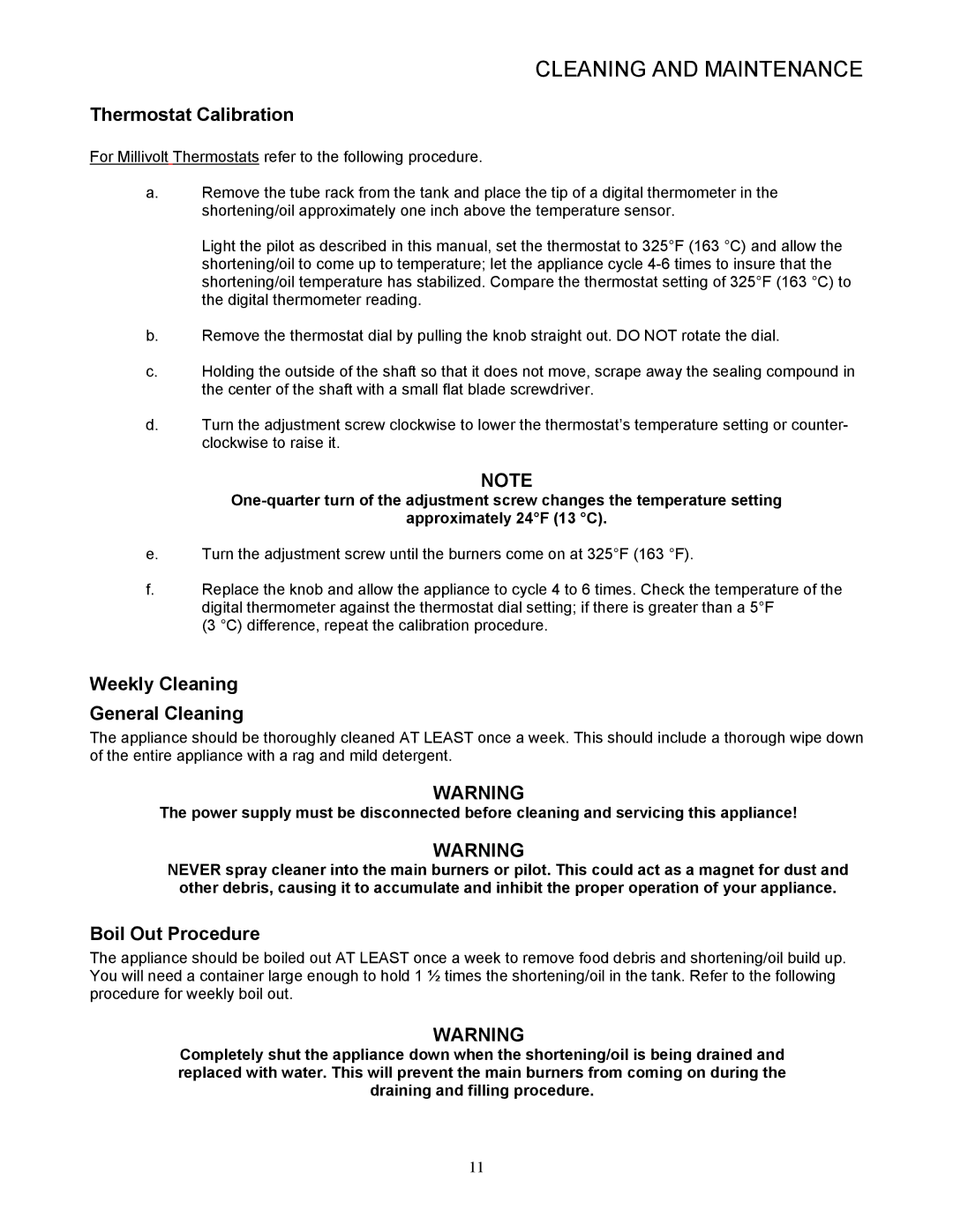 Pitco Frialator L20-299 operation manual Thermostat Calibration, Weekly Cleaning General Cleaning, Boil Out Procedure 