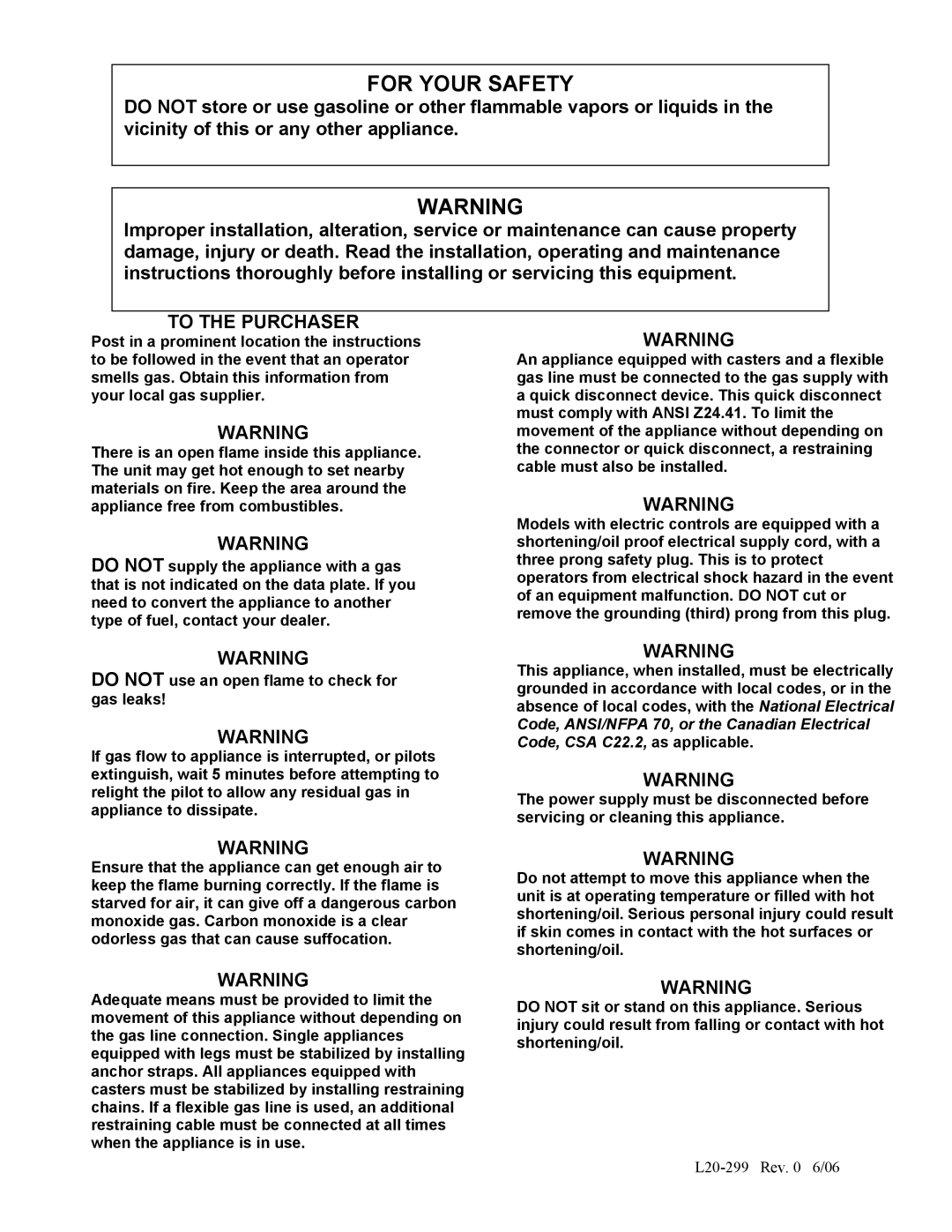 Pitco Frialator L20-299 operation manual For Your Safety 