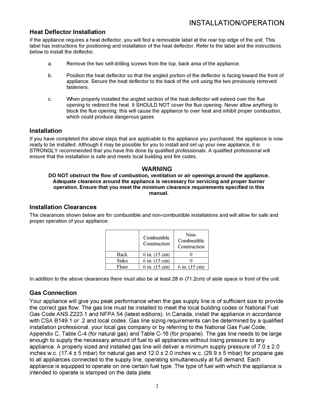 Pitco Frialator L20-299 operation manual Heat Deflector Installation, Installation Clearances, Gas Connection 