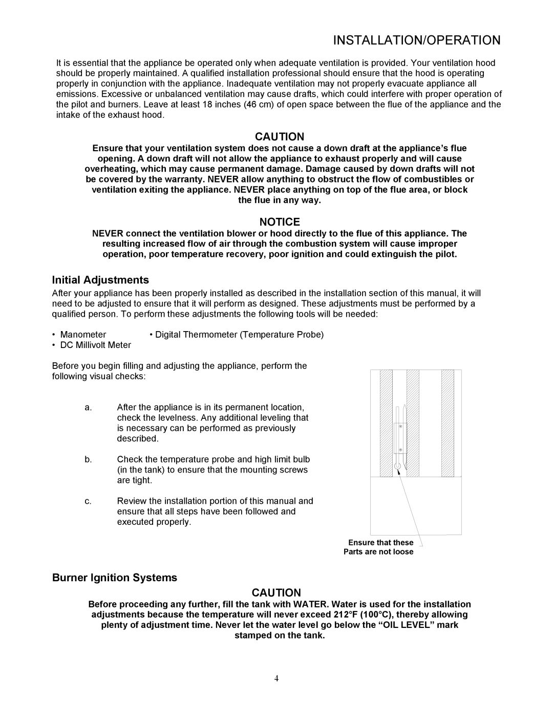 Pitco Frialator L20-299 operation manual Initial Adjustments, Burner Ignition Systems 