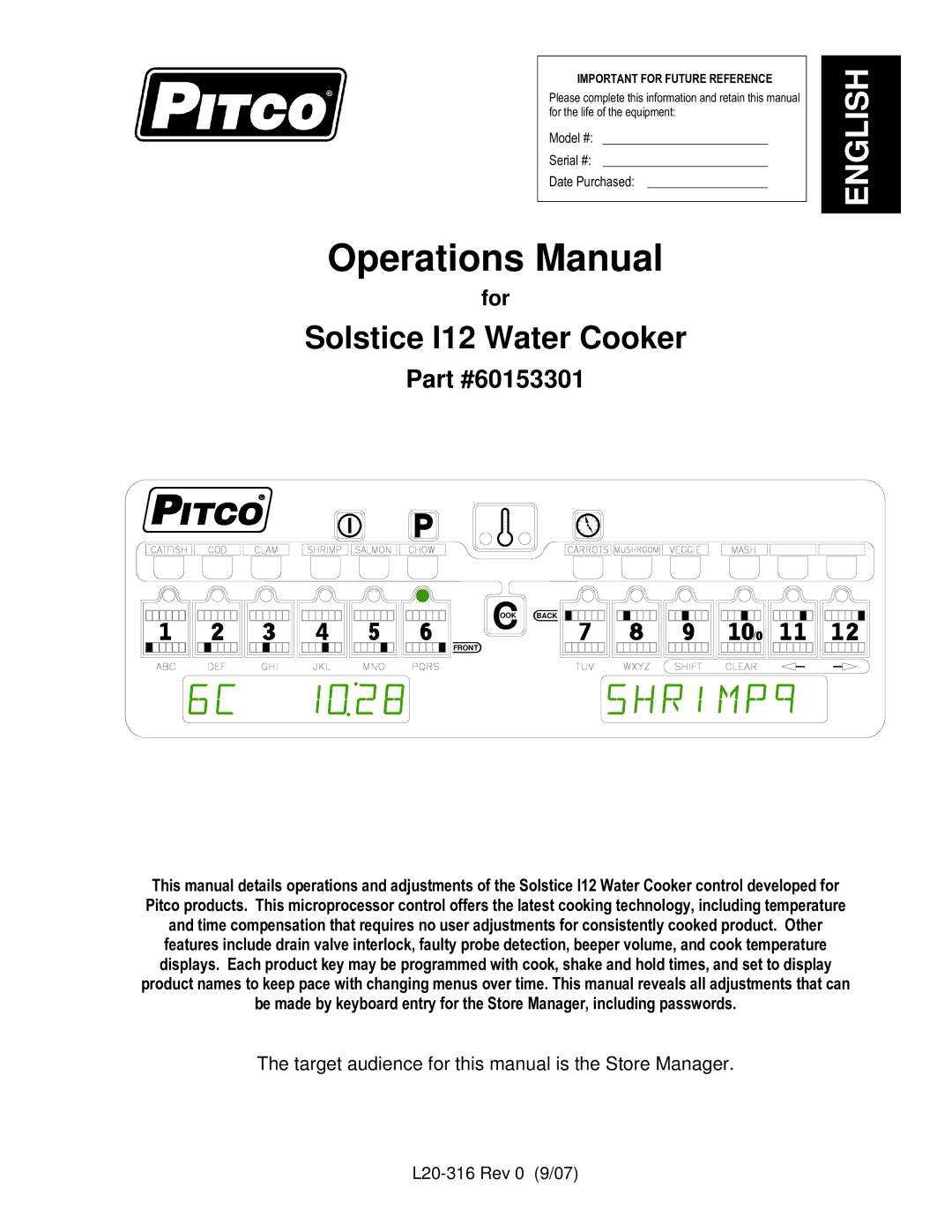 Pitco Frialator L20-316 manual Operations Manual 