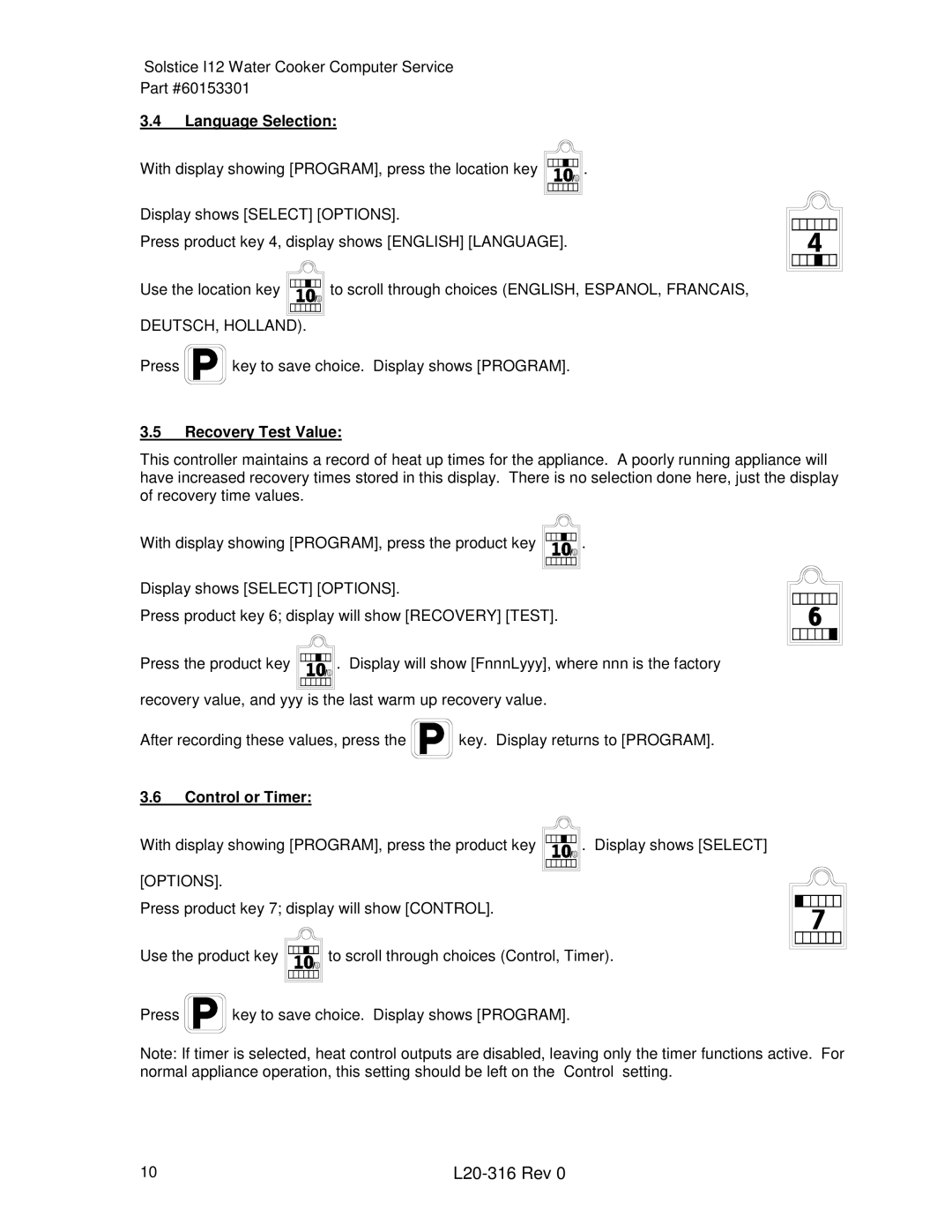 Pitco Frialator L20-316 manual Language Selection, Recovery Test Value, Control or Timer 