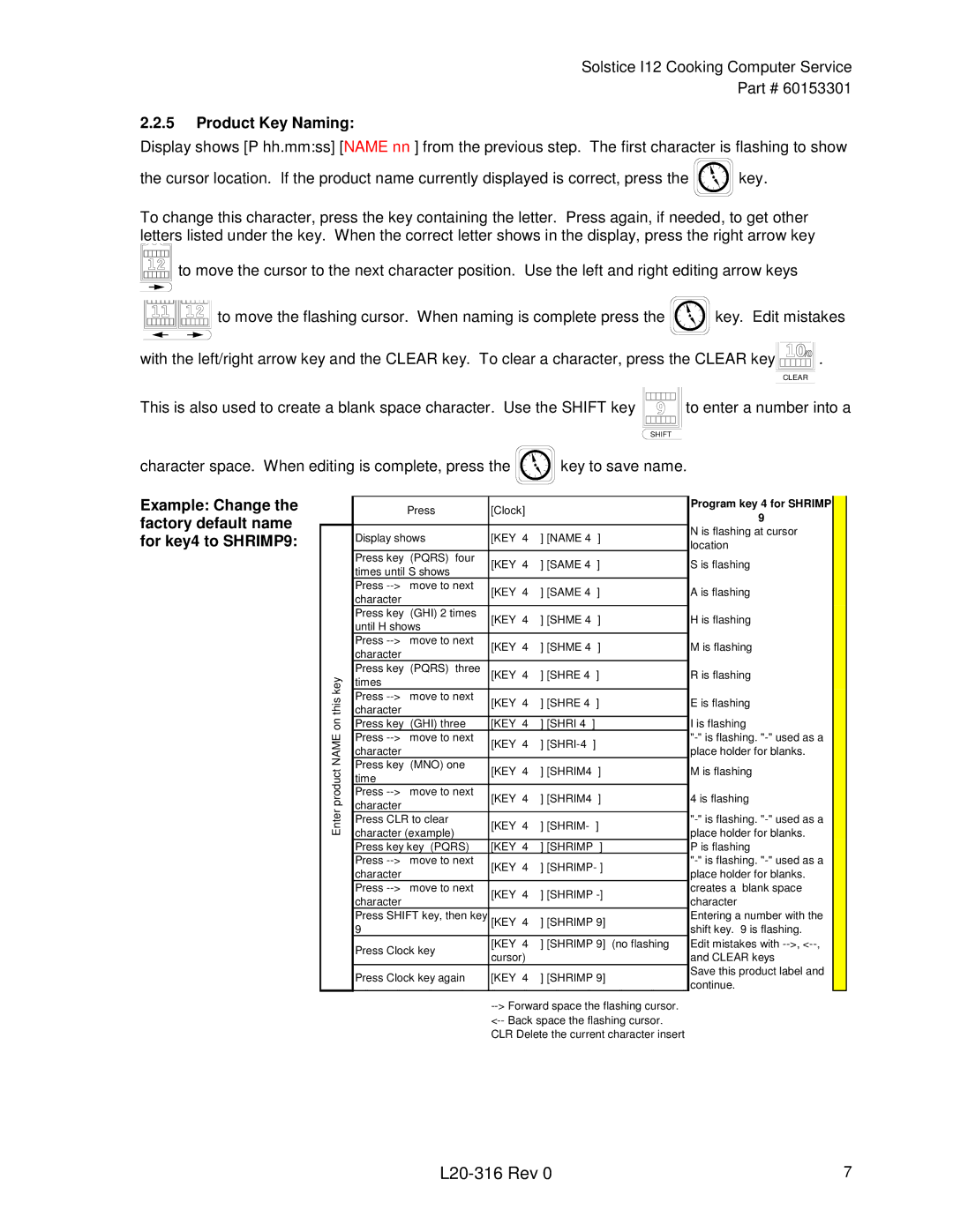 Pitco Frialator L20-316 manual Product Key Naming, Example Change the factory default name for key4 to SHRIMP9 