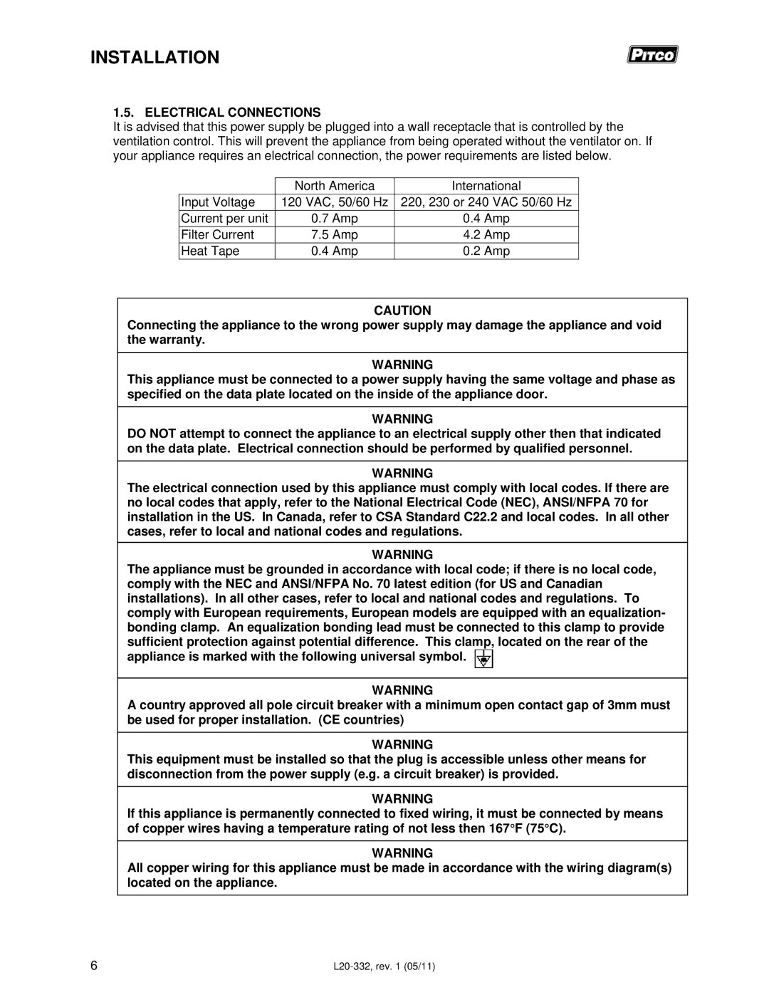 Pitco Frialator L20-332 manual Electrical Connections 