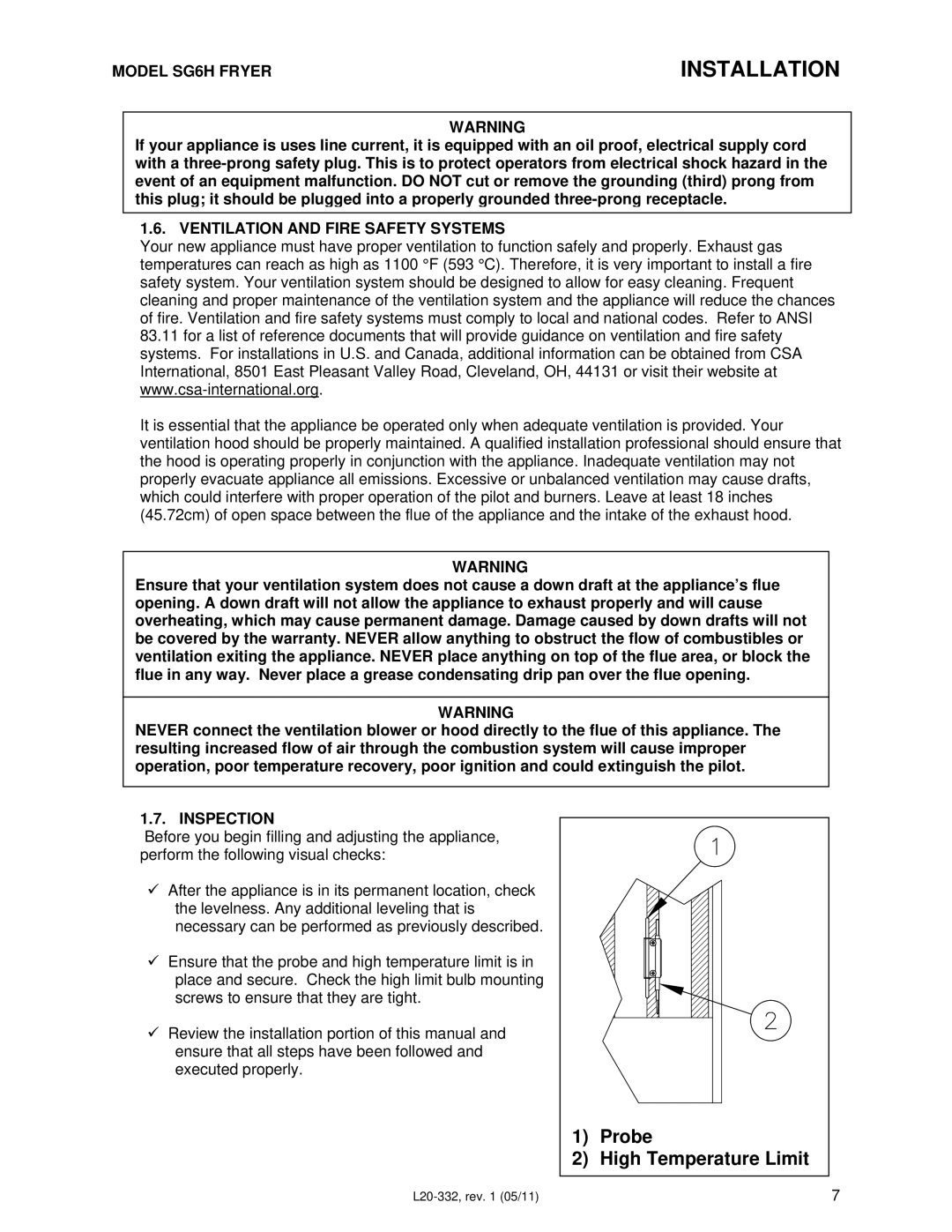 Pitco Frialator L20-332 manual Ventilation and Fire Safety Systems, Inspection 