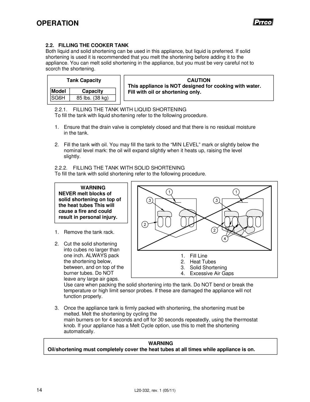 Pitco Frialator L20-332 manual Filling the Cooker Tank, Tank Capacity Model, SG6H, Filling the Tank with Liquid Shortening 