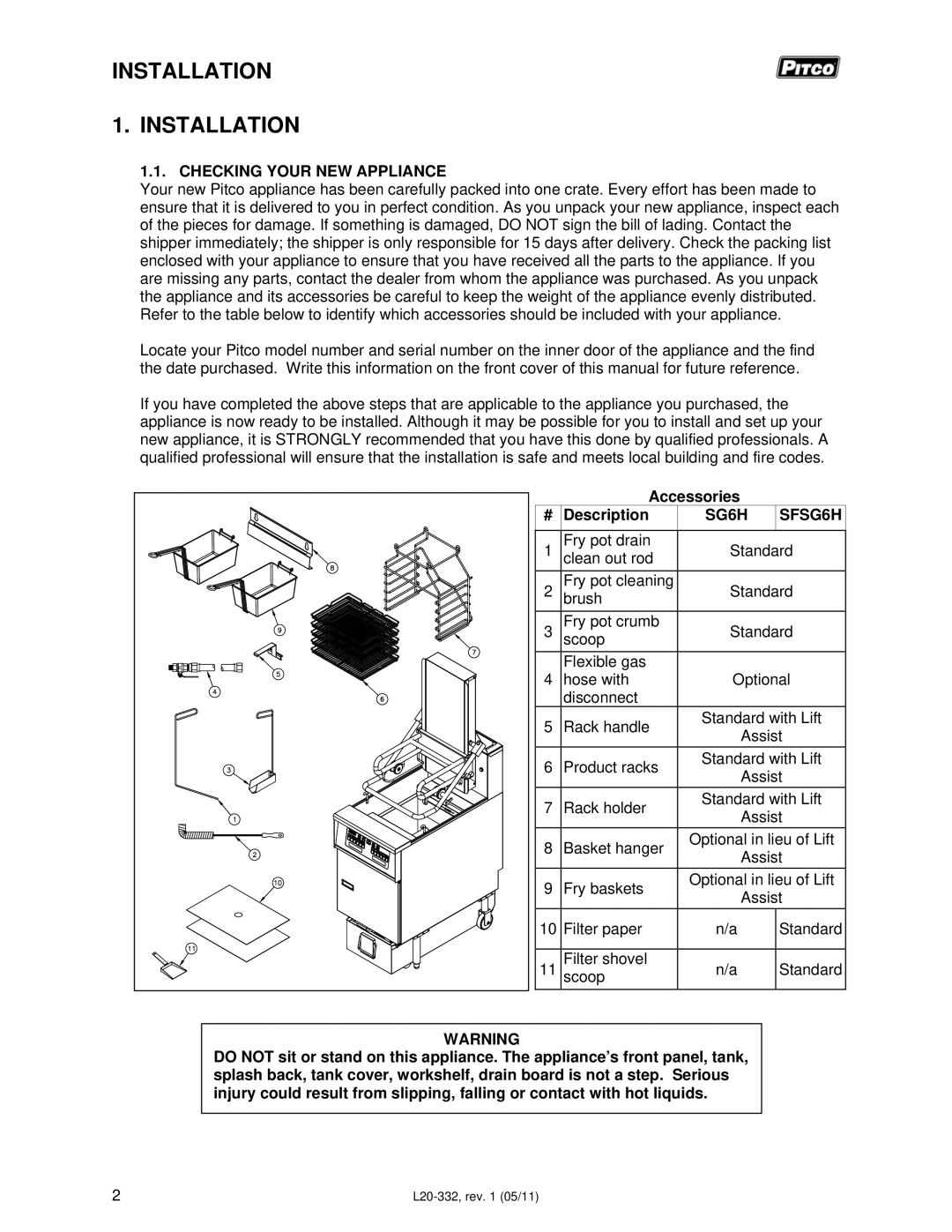 Pitco Frialator L20-332 manual Checking Your NEW Appliance, Accessories Description, SG6H SFSG6H 