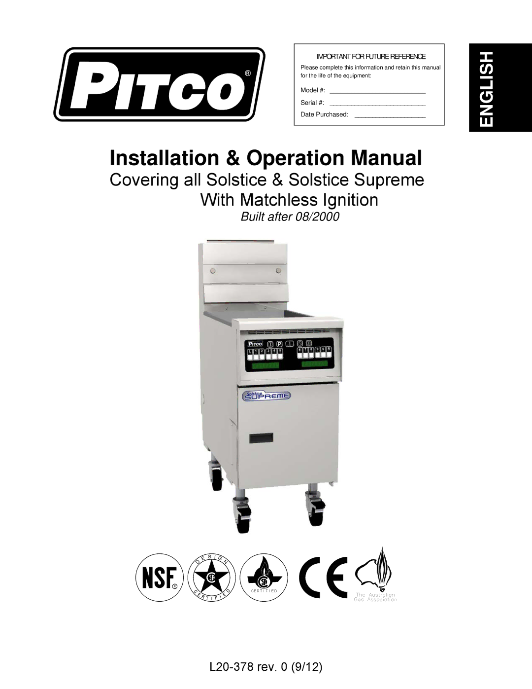 Pitco Frialator L20-378 operation manual English 