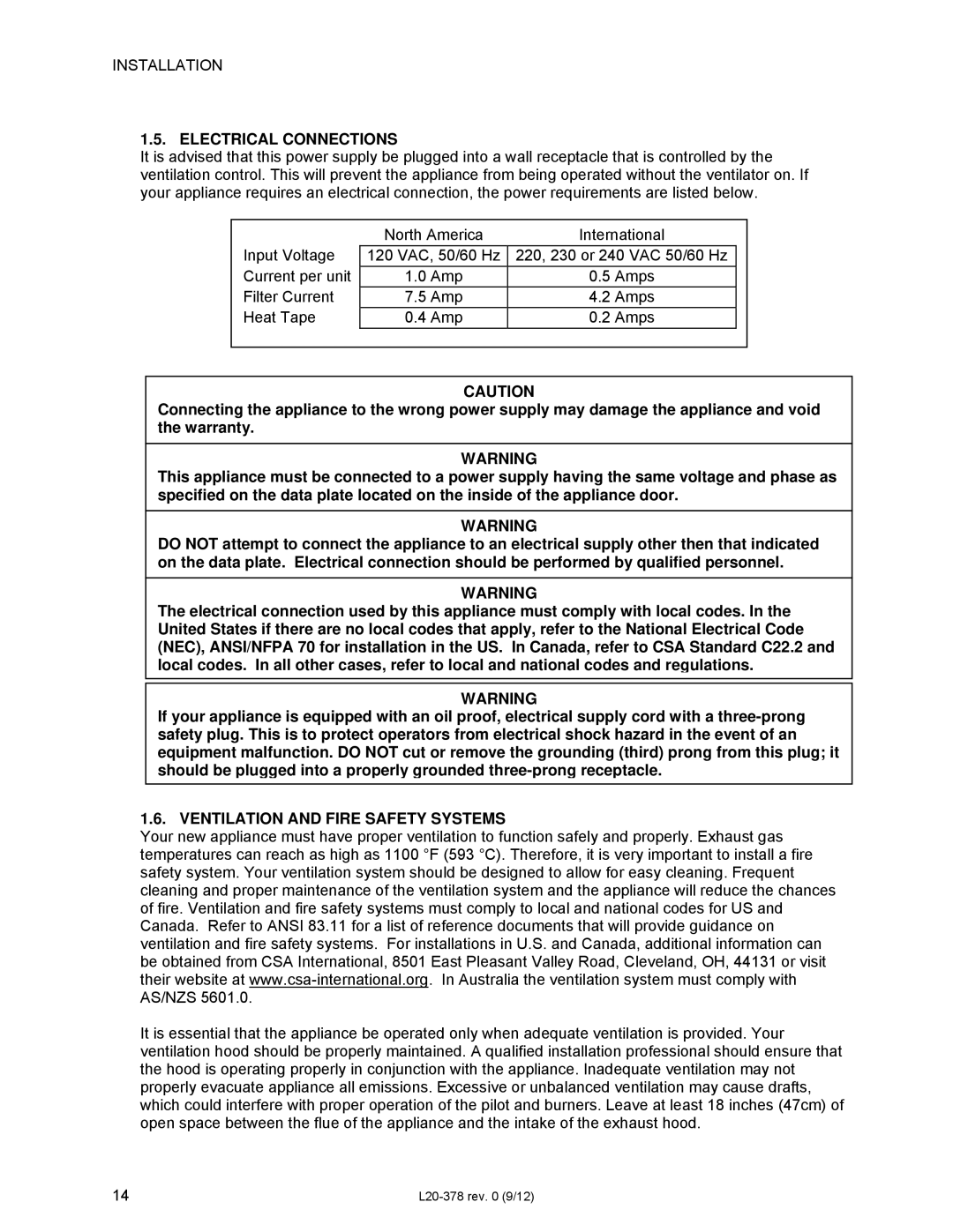 Pitco Frialator L20-378 operation manual Electrical Connections, Ventilation and Fire Safety Systems 